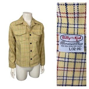 1960s Plaid Checked Cotton Button Up Shirt Jacket / Boys 12/14